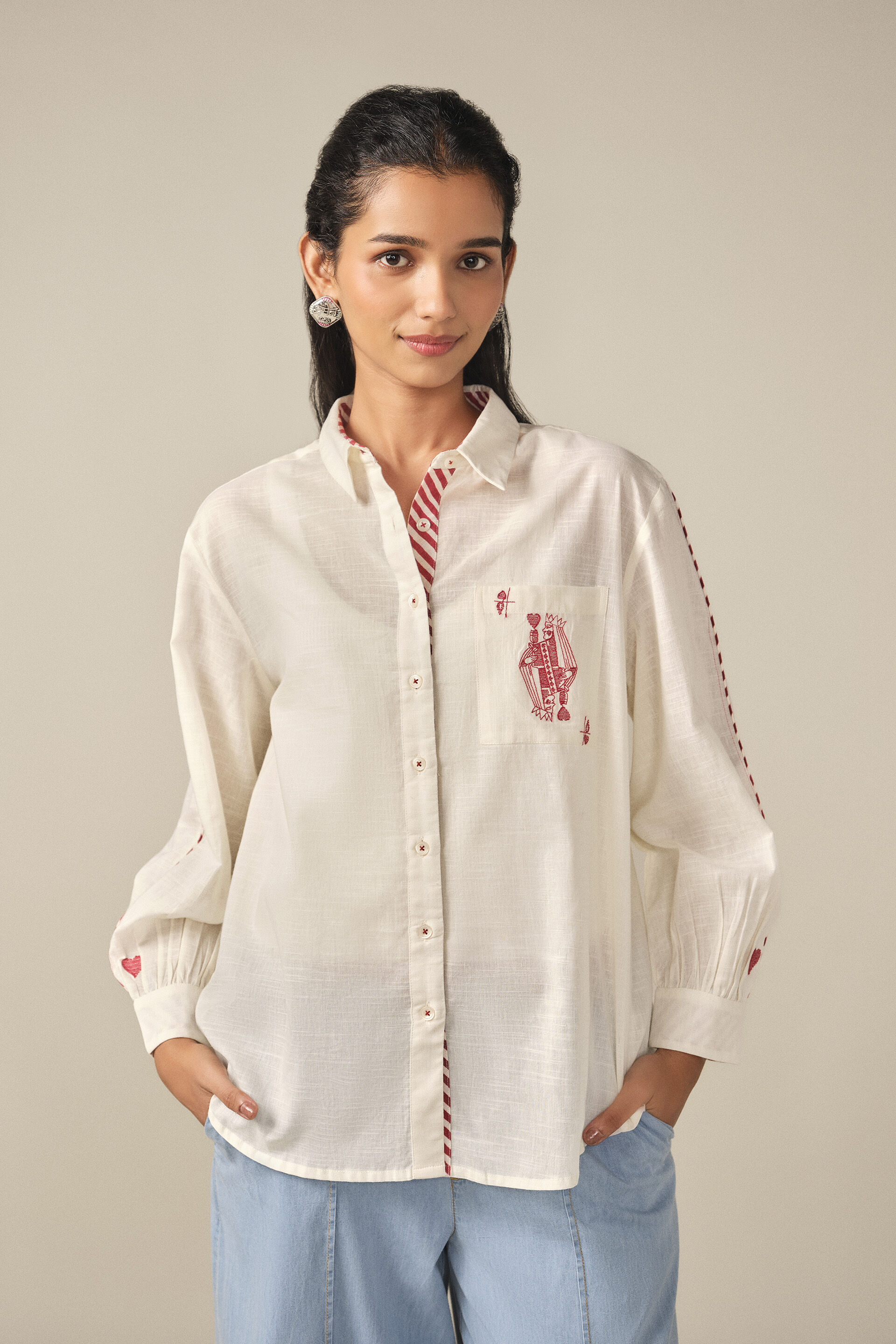 Embroidered Playing Card Cotton Shirt in Off White